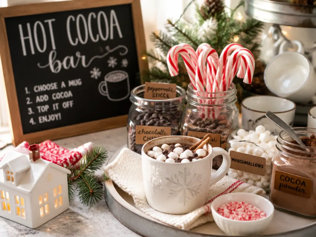 Christmas hot cocoa mugs garnished with whipped cream, candy cane and biscuit crumbs