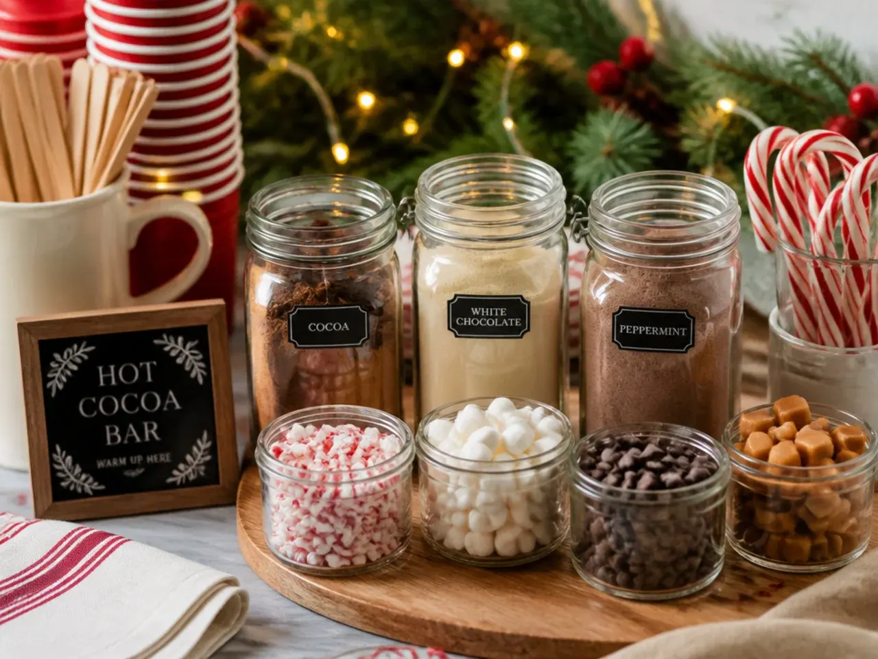 Jug of hot cocoa base and jars of dry cocoa mix stored for later use