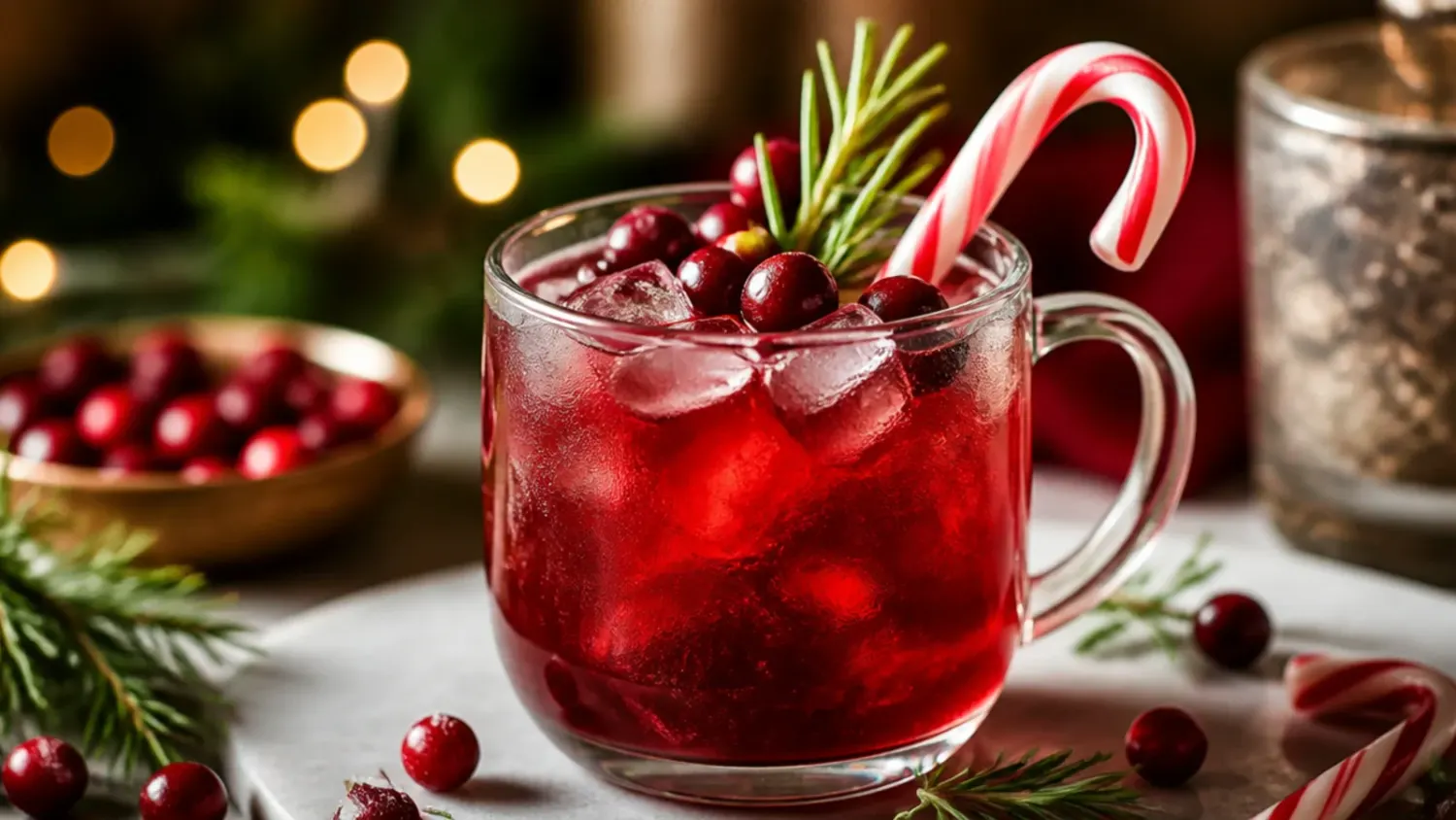 A glass pitcher of sparkling cranberry Christmas punch surrounded by orange slices, cinnamon sticks and fresh cranberries on a festive table