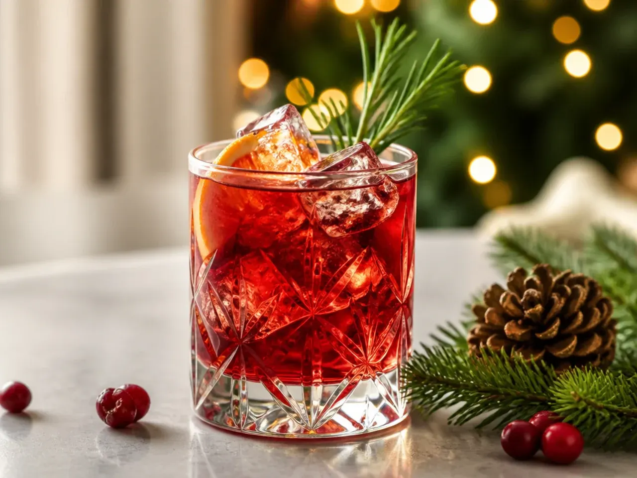 Overhead shot of several festive drinks in glasses arranged on a red and gold holiday table setting