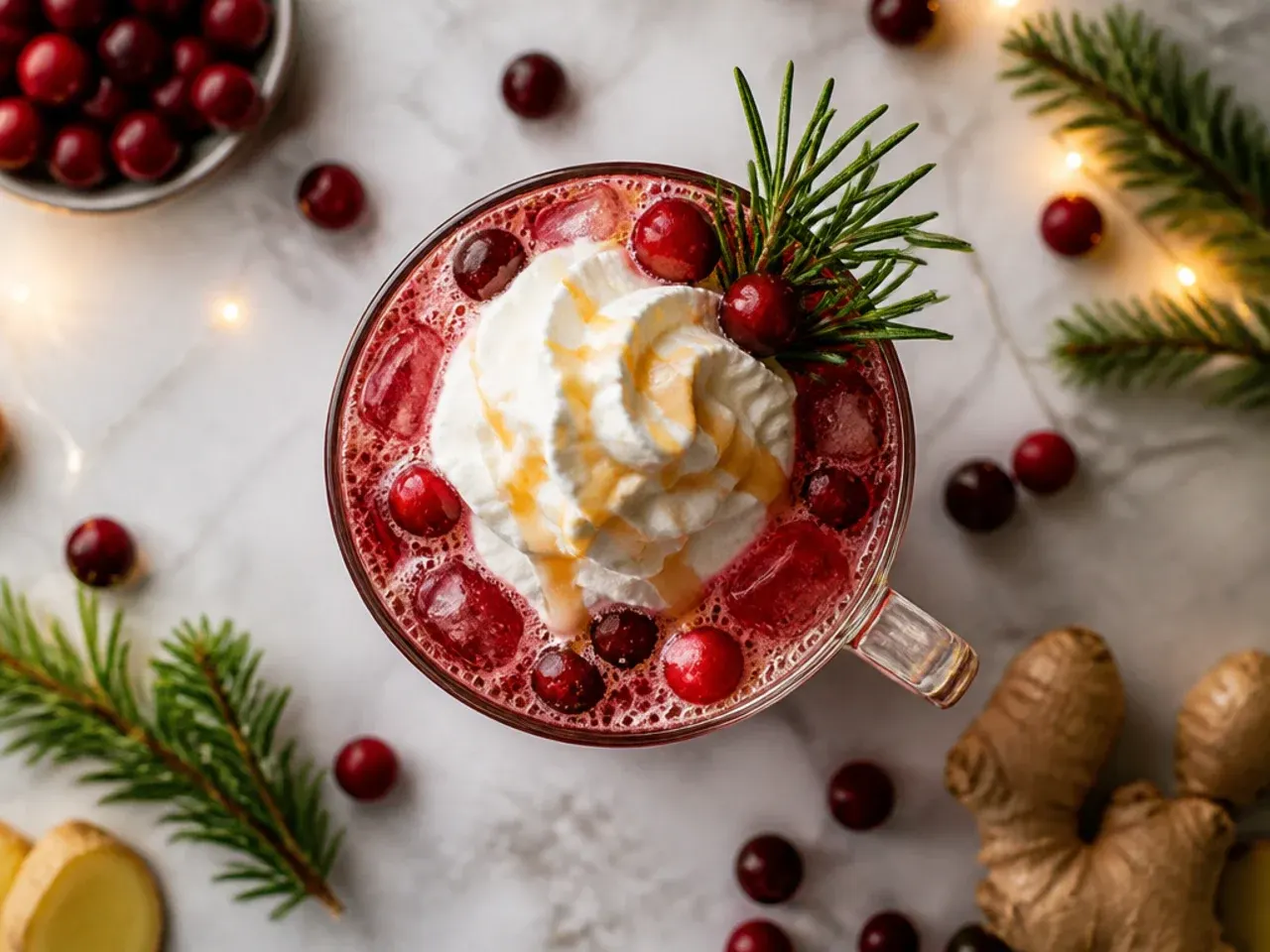 A tall iced glass of ruby-red cranberry ginger fizz garnished with a lime wheel