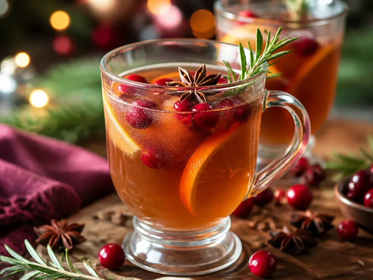 A ladle scooping warm spiced wassail punch from a pot with orange slices floating on top