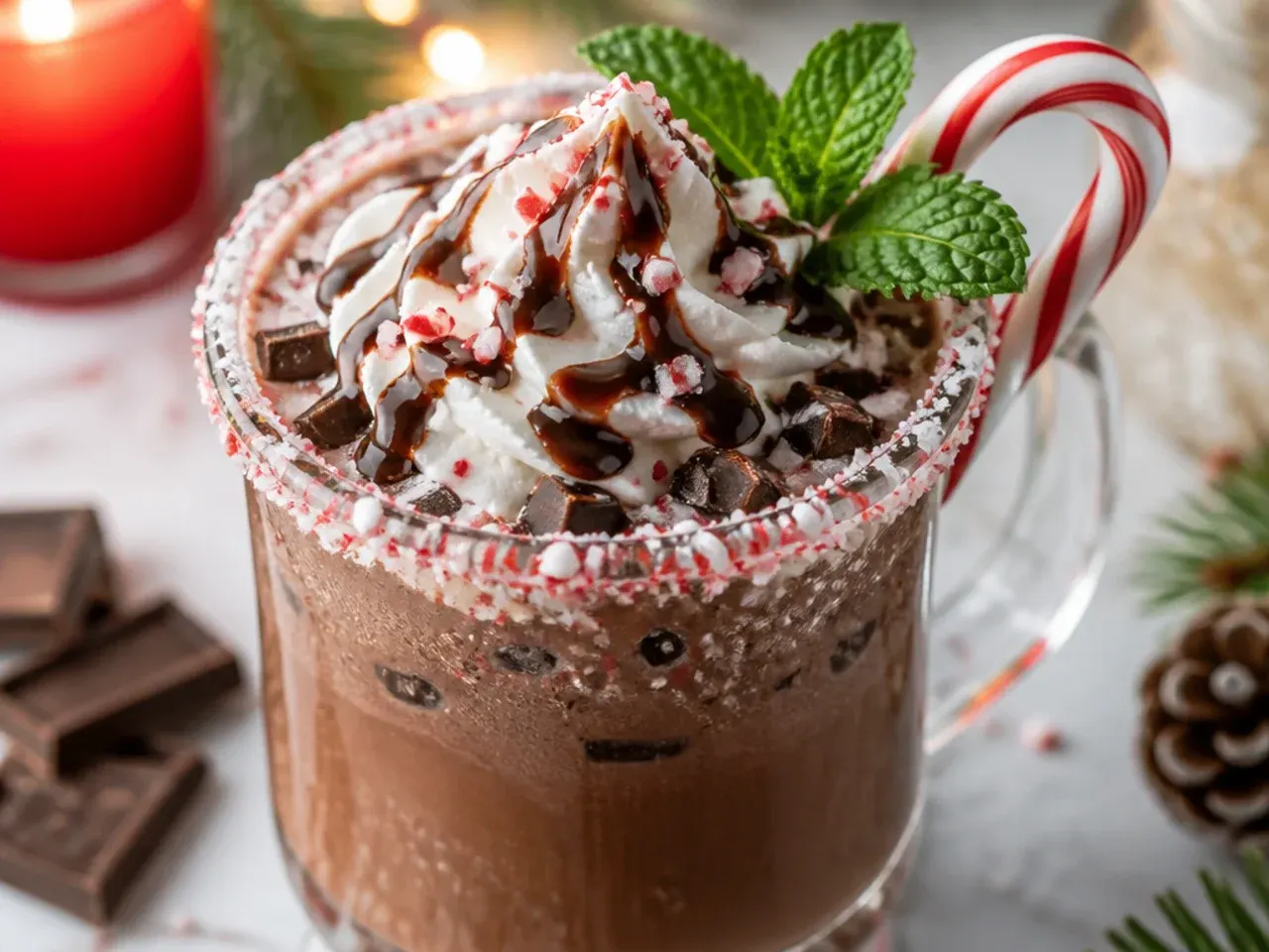 A tall frappé glass layered with whipped cream and crushed candy cane on top of a mocha-coloured blended drink