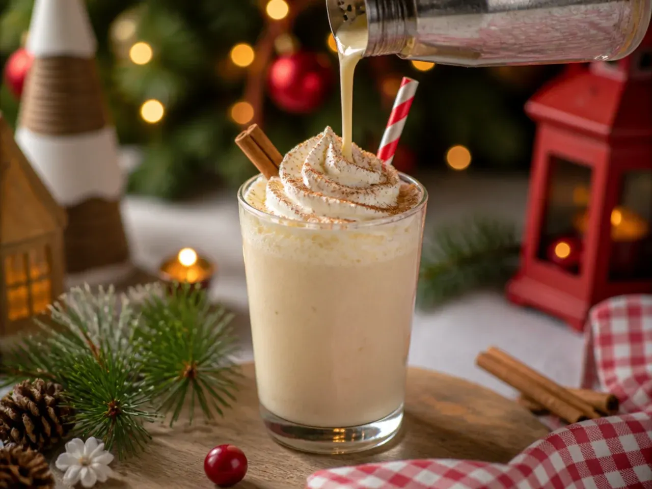 A creamy eggnog milkshake in a glass mug topped with whipped cream and a dusting of nutmeg