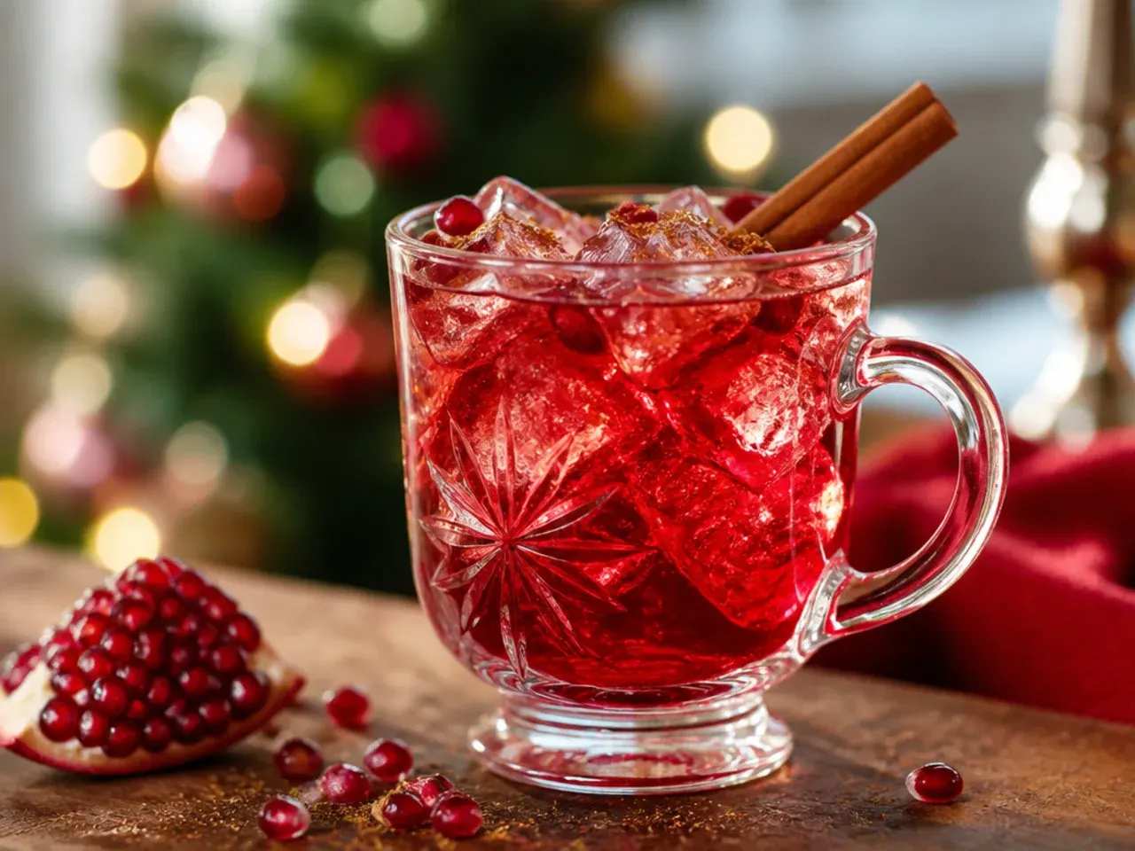 A glass of ruby-pink pomegranate spritz with floating pomegranate seeds and a lime wheel