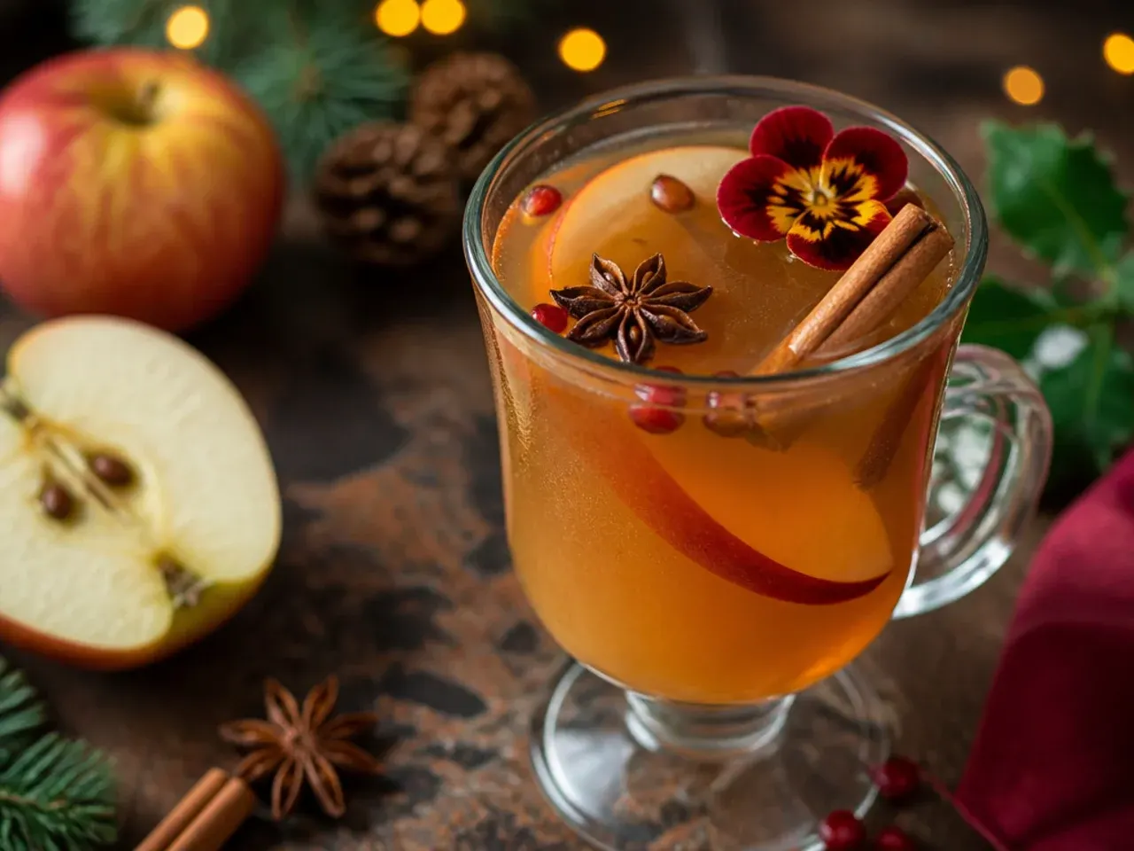 A steaming mug of mulled apple cider with a cinnamon stick and star anise garnish