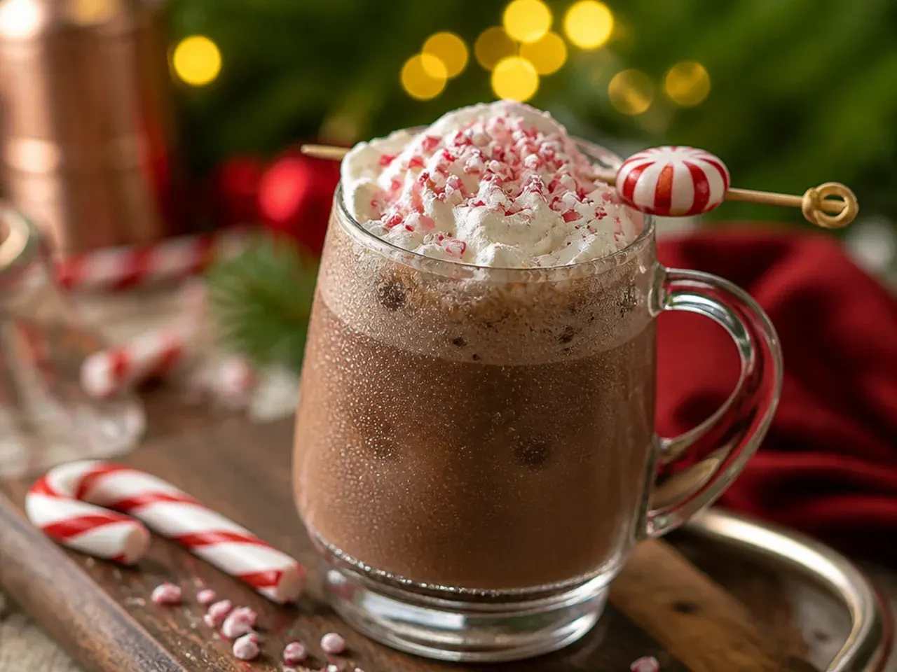 An iced glass of chocolate milk with crushed candy cane rimming the edge and a striped straw