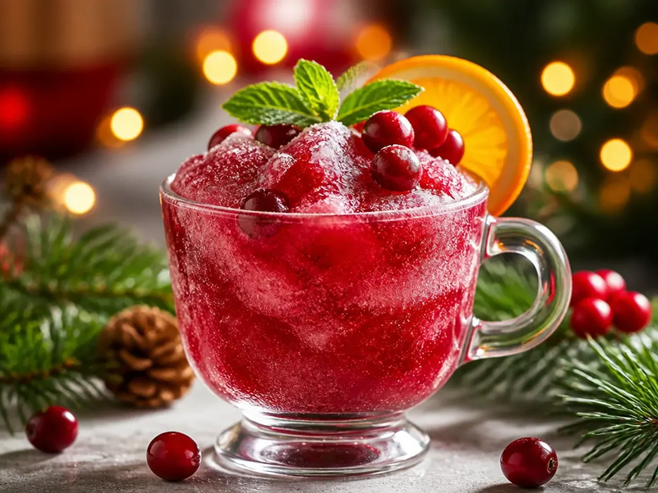 A frozen red cranberry slush in a glass with a straw and a few whole cranberries on top