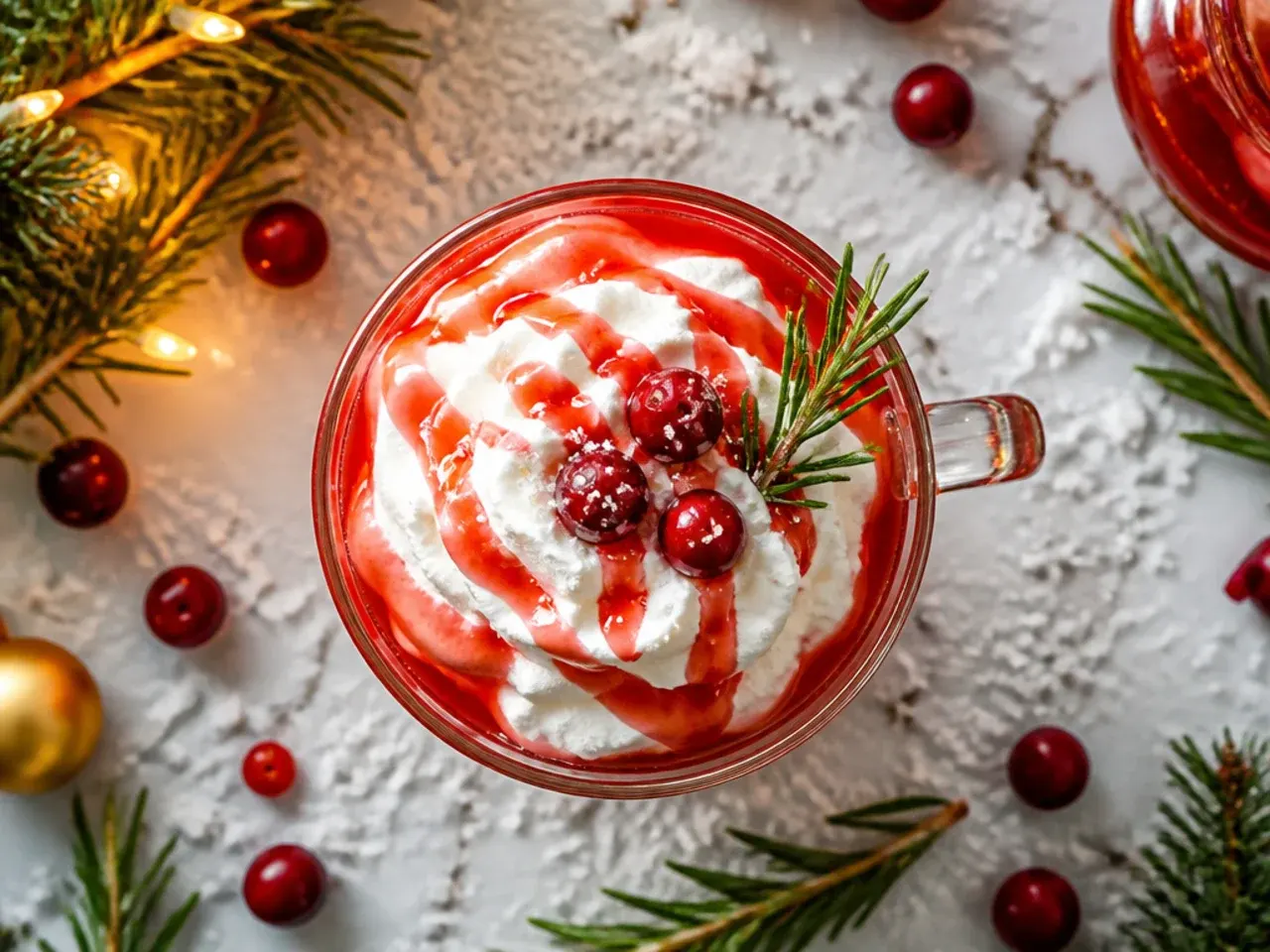A large glass pitcher of sparkling red Christmas punch with orange slices floating inside