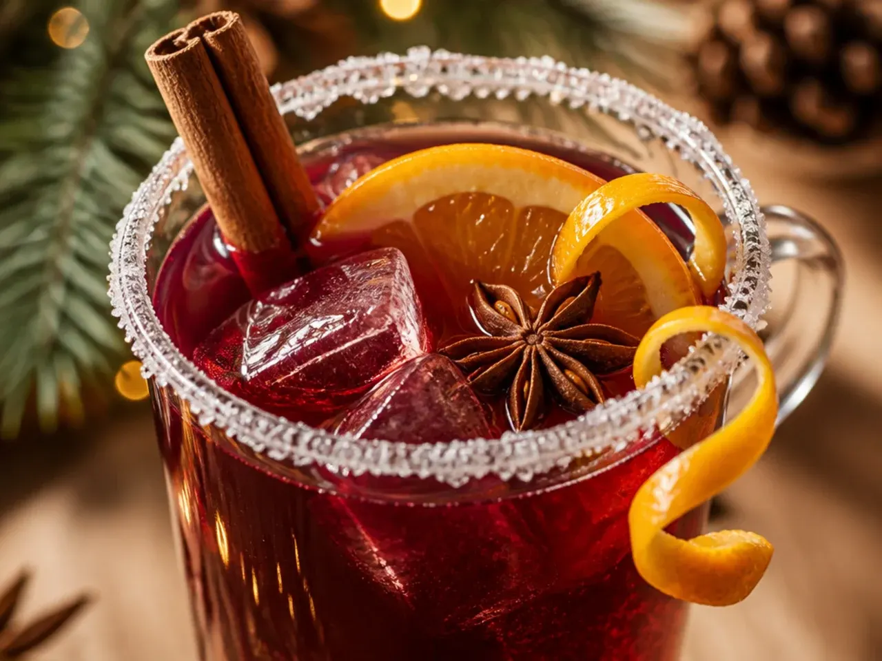A glass mug of warm spiced orange mulled wine mocktail with a cinnamon stick and orange slice garnish