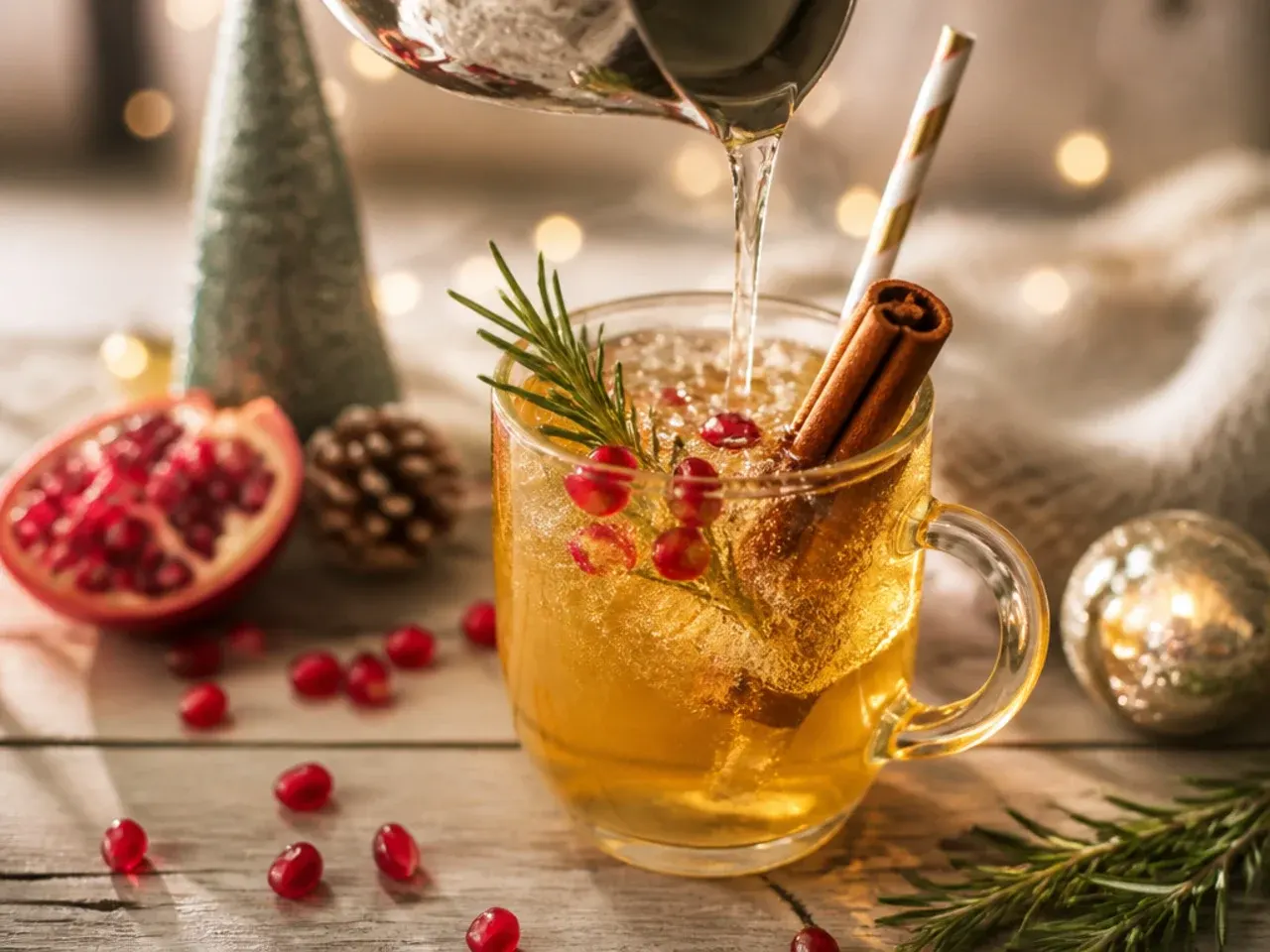 A flute glass of sparkling apple cider with floating cranberries, set against string lights