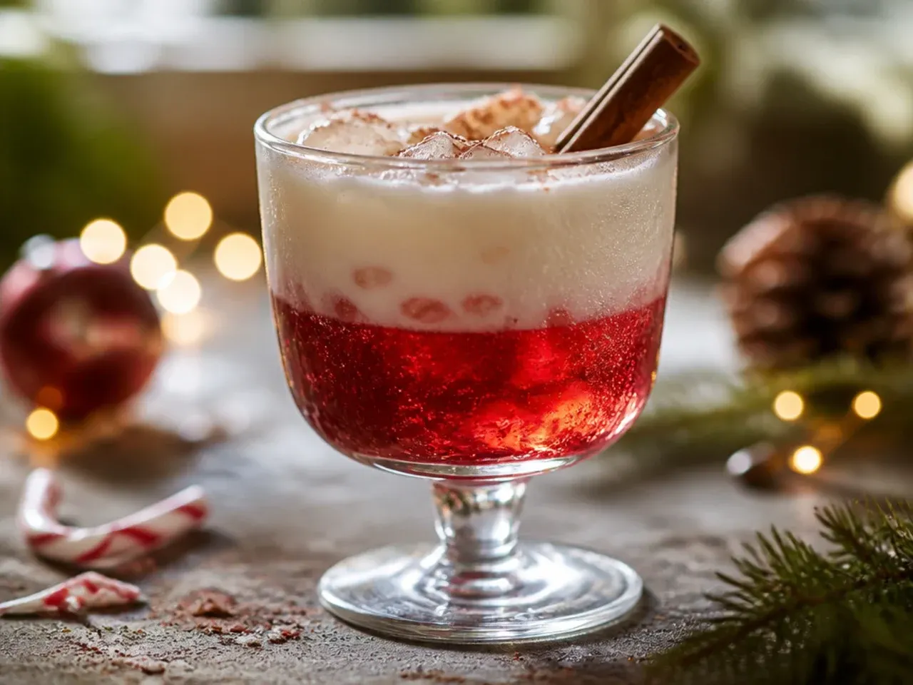 A layered pink and clear candy cane cream soda in a tall glass topped with whipped cream
