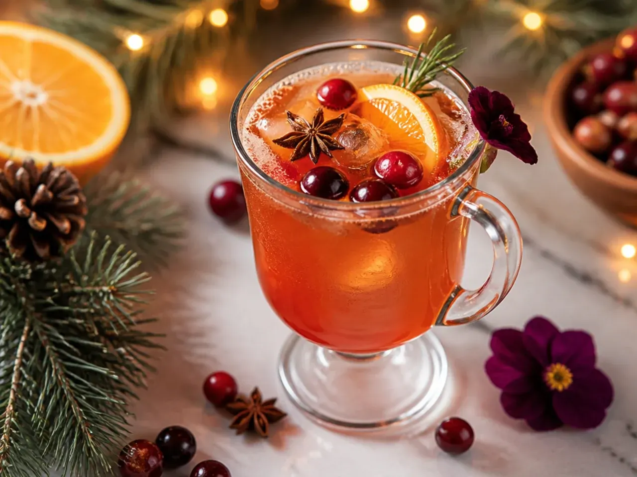 A punch bowl of dark spiced rum Christmas punch with a ladle, clearly separate from the family-friendly punch