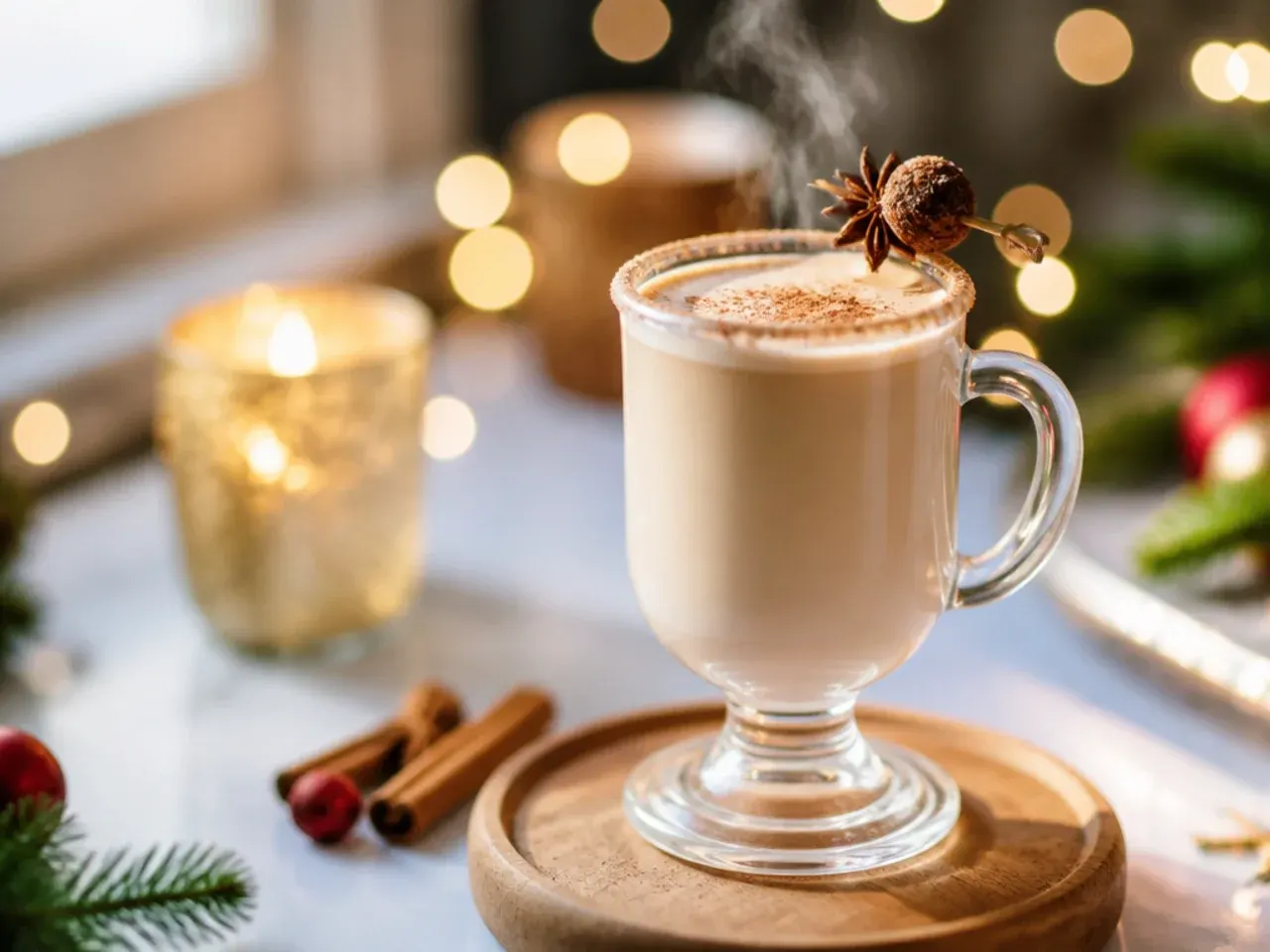 A short glass of creamy vanilla chai nog over ice with a cinnamon stick stirrer