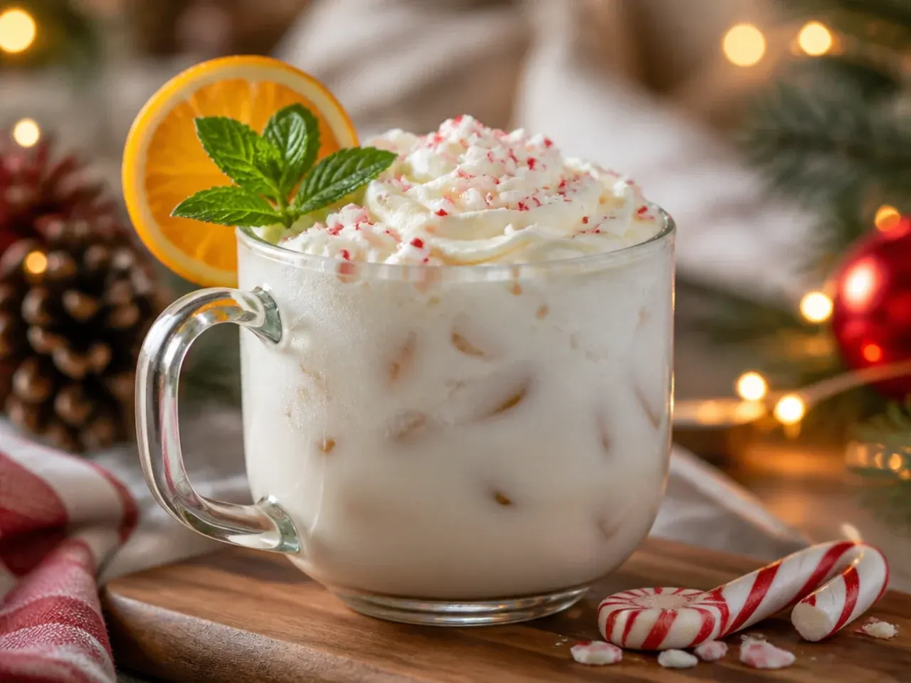 An iced glass of white hot chocolate drizzled with white chocolate and crushed candy cane