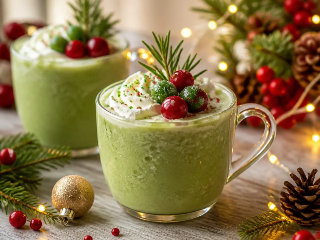 A bright green frappé topped with whipped cream, caramel drizzle and a cherry, styled like a Christmas tree