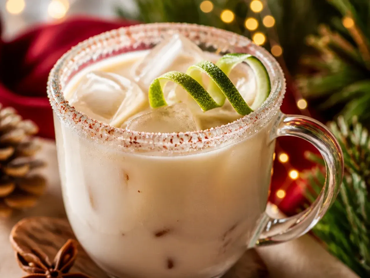 Small glasses of creamy white coquito dusted with cinnamon, arranged on a festive tray