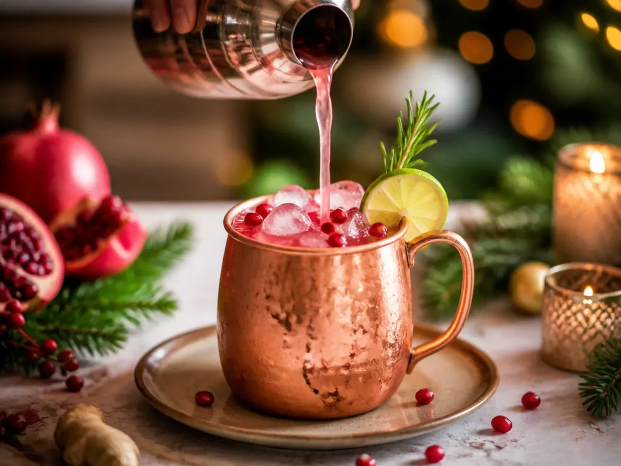 A copper mug of spiced pomegranate ginger mule mocktail with a lime wheel garnish and pomegranate seeds