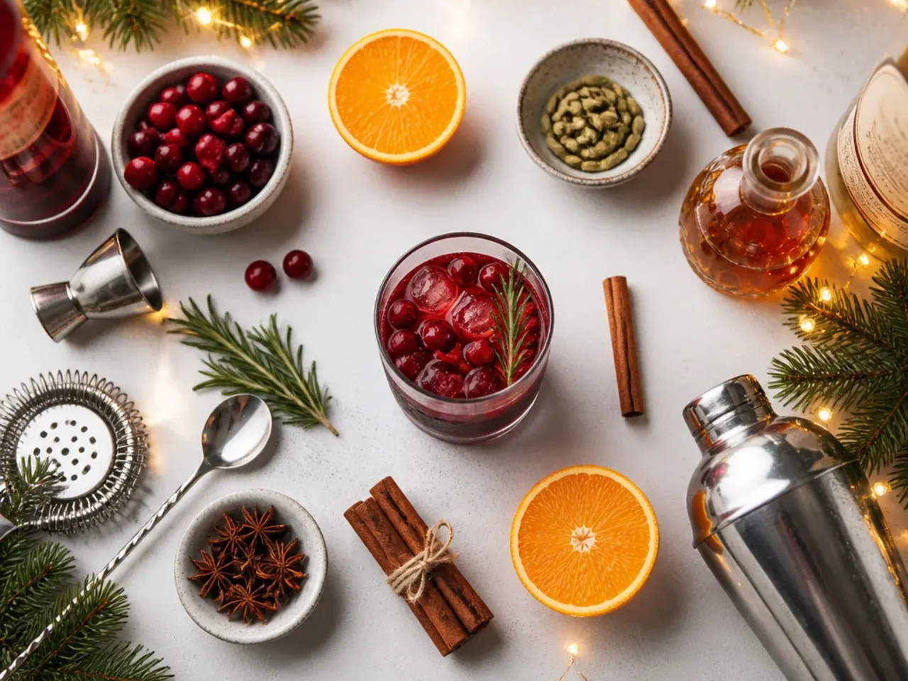 Close-up of hands adding ice cubes to a pitcher of festive punch on a kitchen counter