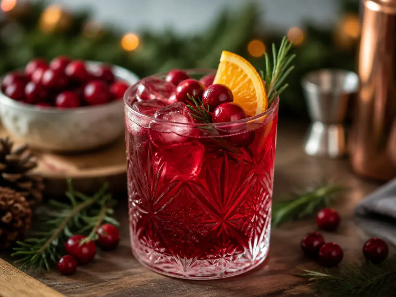 A garnish station with orange wheels, cranberries, rosemary sprigs and cinnamon sticks laid out beside a punch bowl