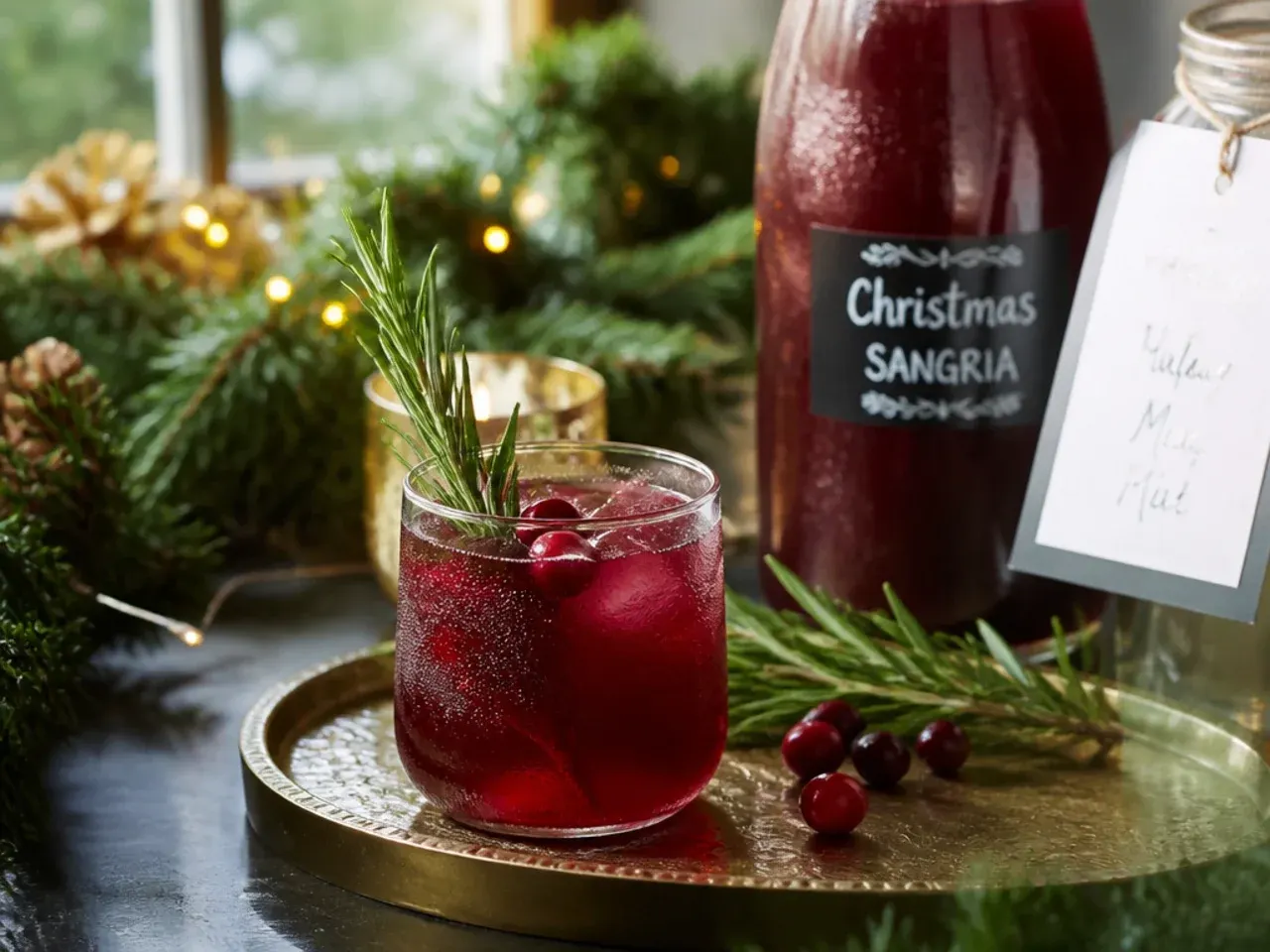 Labelled glass pitchers of Christmas punch, one alcoholic and one non-alcoholic, chilling in the fridge