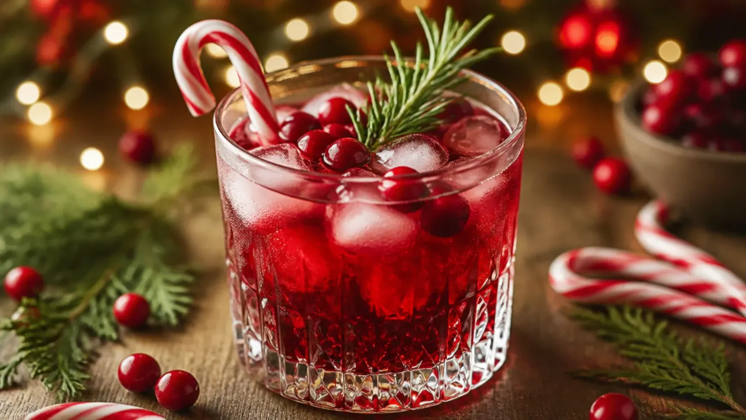 A festive table spread of christmas party drinks in glasses garnished with cranberries, cinnamon sticks and mint, surrounded by fairy lights and pine sprigs
