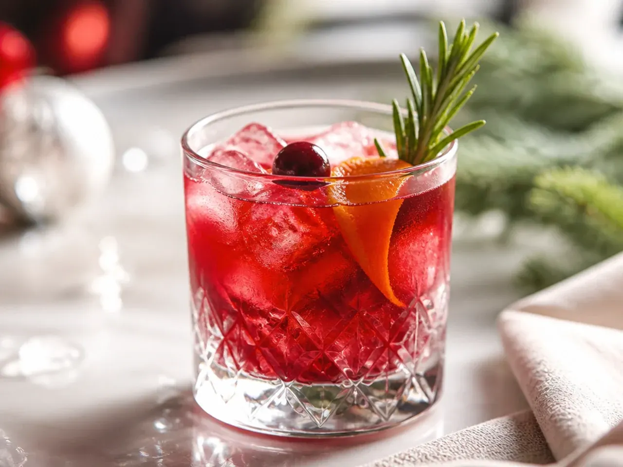 Overhead shot of an assorted christmas drinks table with punch bowl, mugs and cocktail glasses