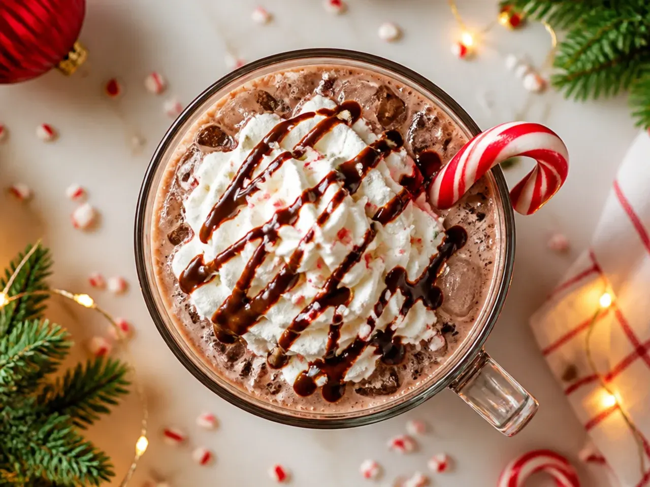 Iced peppermint mocha cooler in a tall glass with whipped cream and crushed candy cane on top