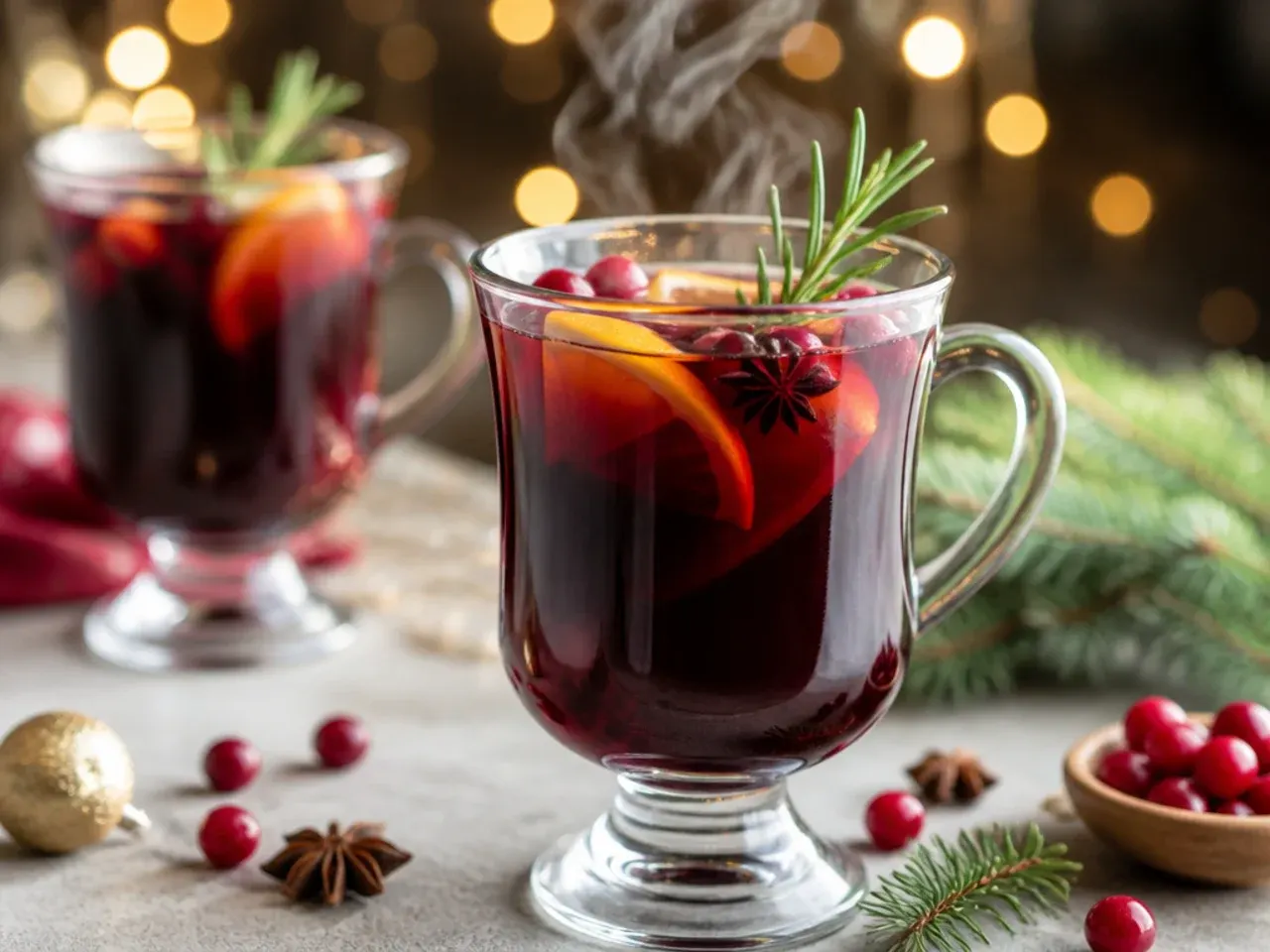 Mulled wine simmering in a pot with orange slices and cinnamon sticks, steam rising