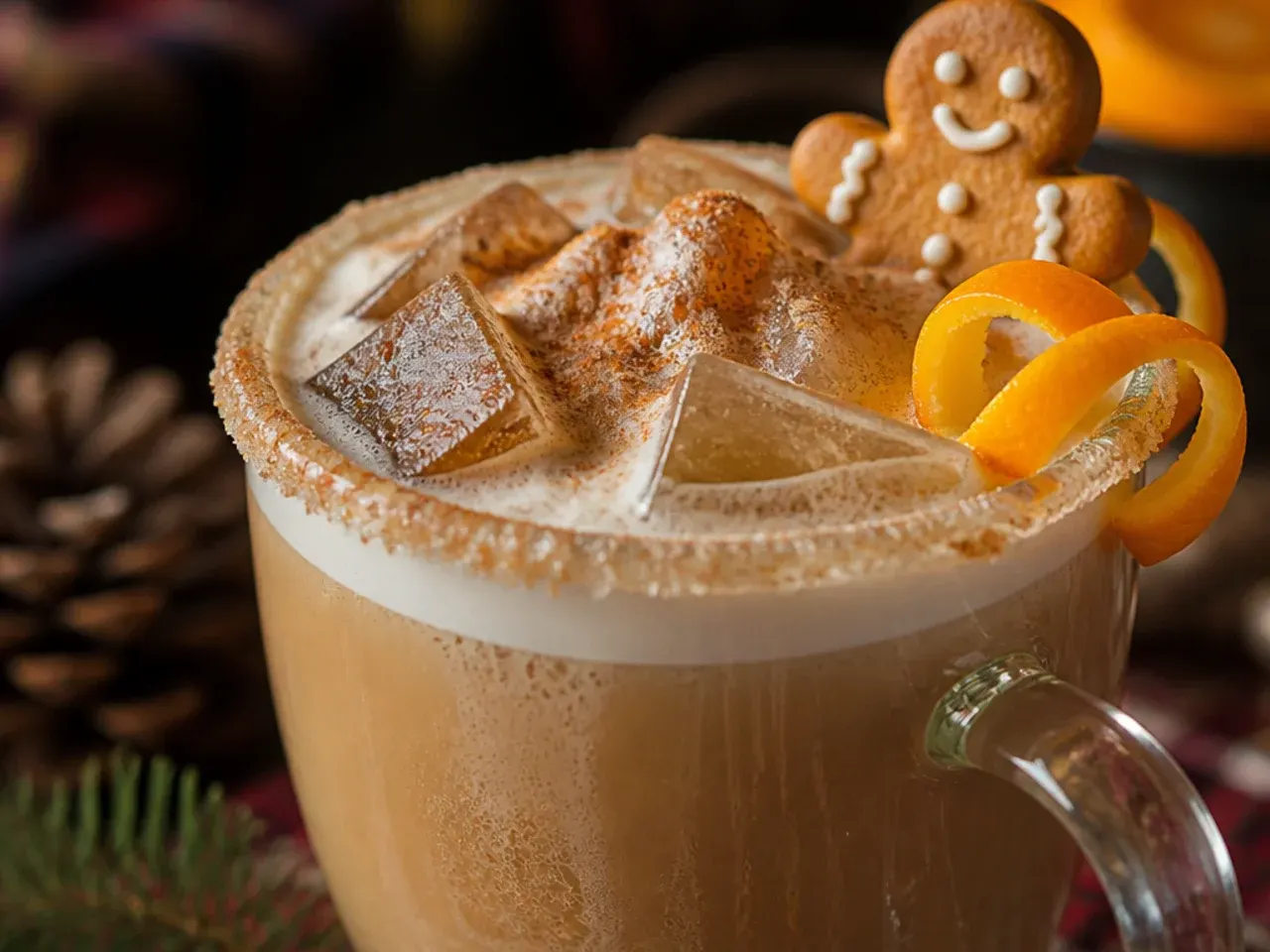 Gingerbread latte in a glass mug topped with whipped cream and a cinnamon stick