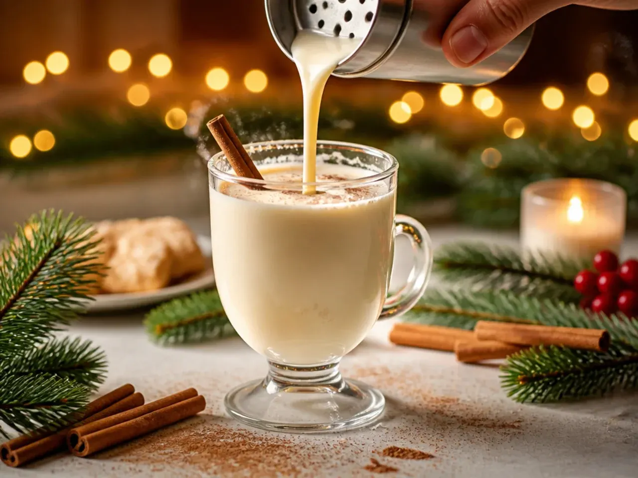 Creamy eggnog in glass mugs dusted with nutmeg and cinnamon