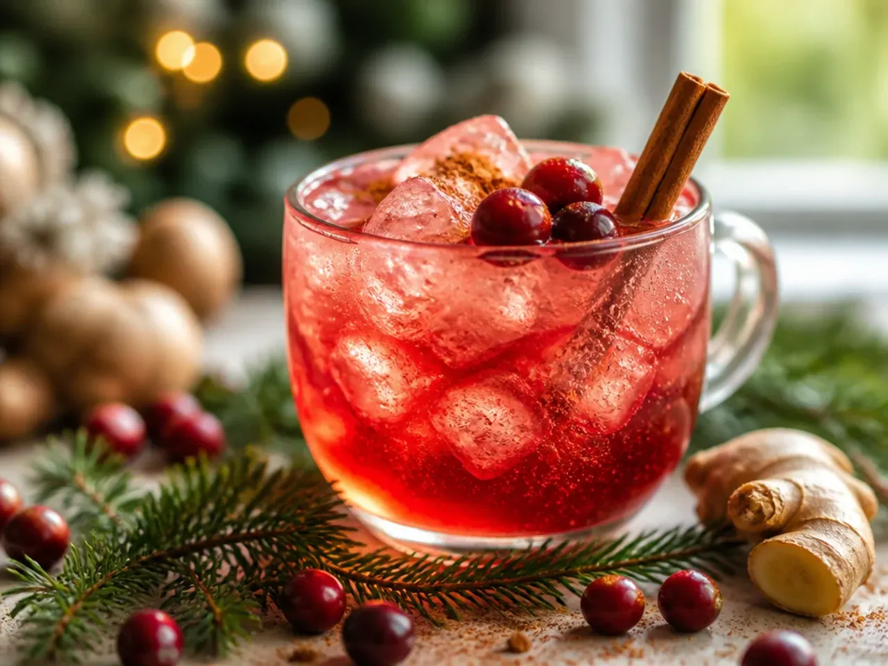 Cranberry ginger fizz in a highball glass with fresh cranberries and lime garnish