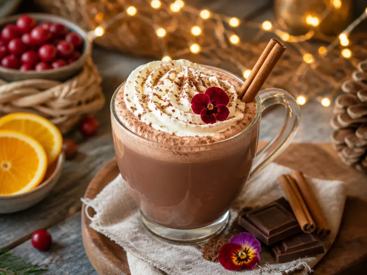 Spiced hot chocolate in a mug topped with melting marshmallows and a dusting of cinnamon