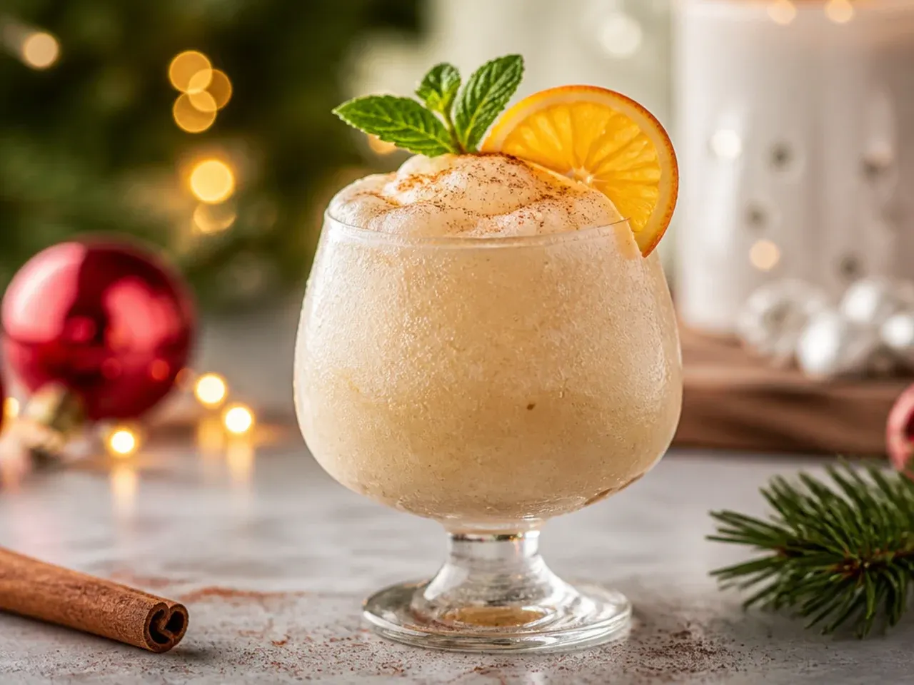 Frozen eggnog slush in a glass with a straw and nutmeg dusted on top