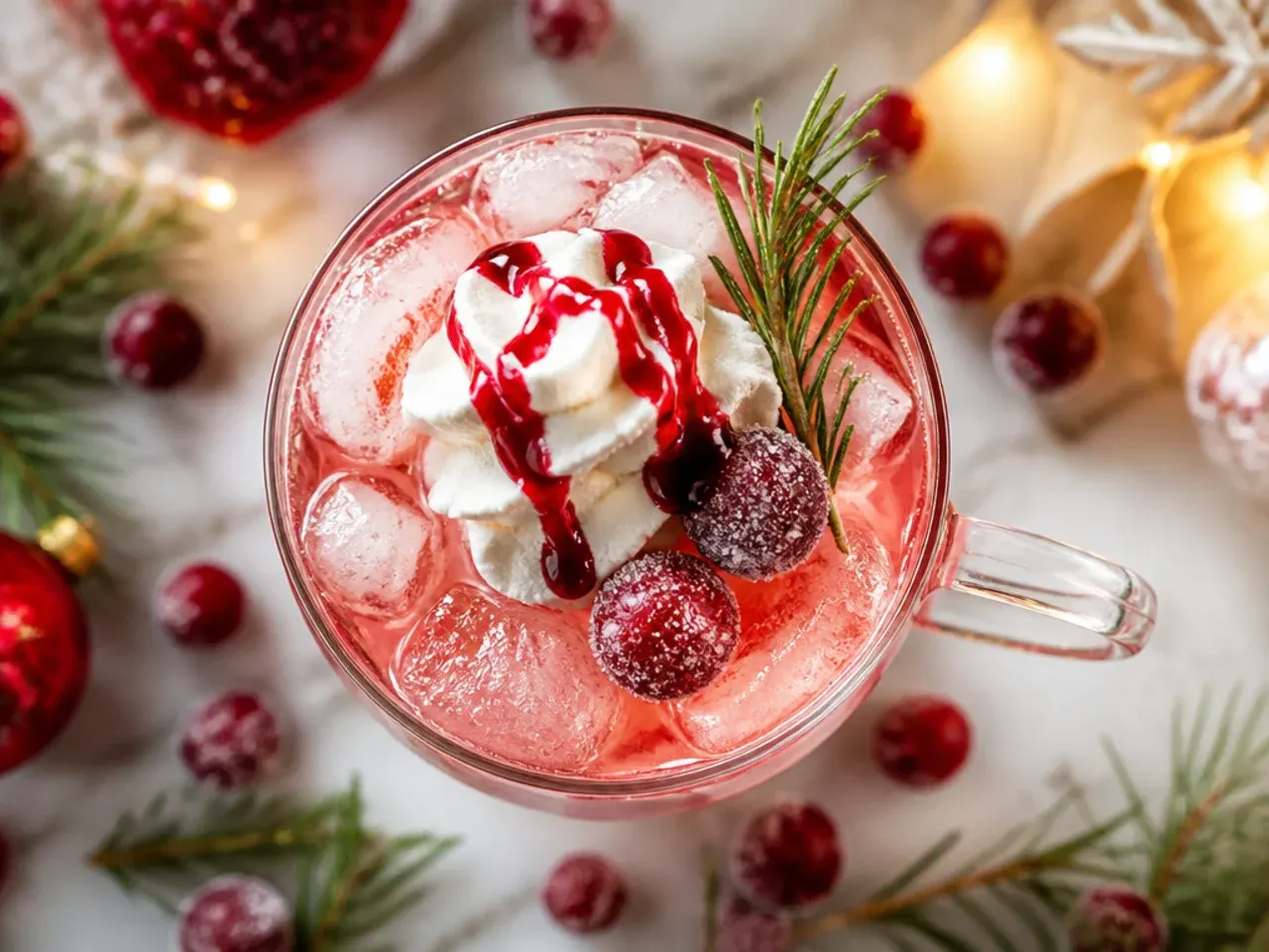 Sparkling cranberry spritzer in a glass with floating fresh cranberries