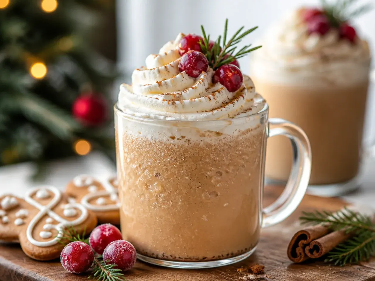 Blended gingerbread frappe in a tall glass topped with whipped cream and ground cinnamon