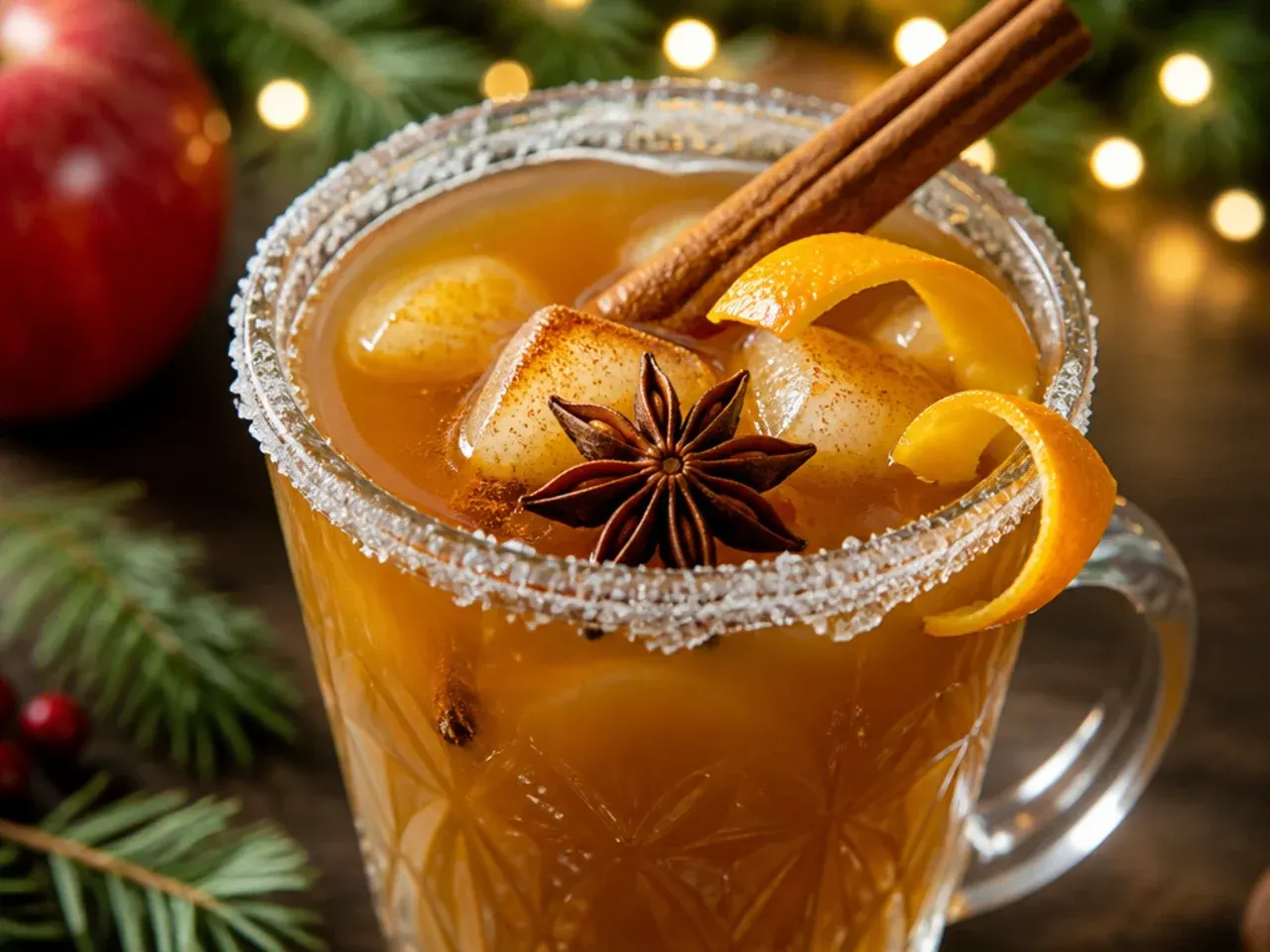 Spiced apple cider toddy in a heatproof mug with a cinnamon stick and lemon wheel