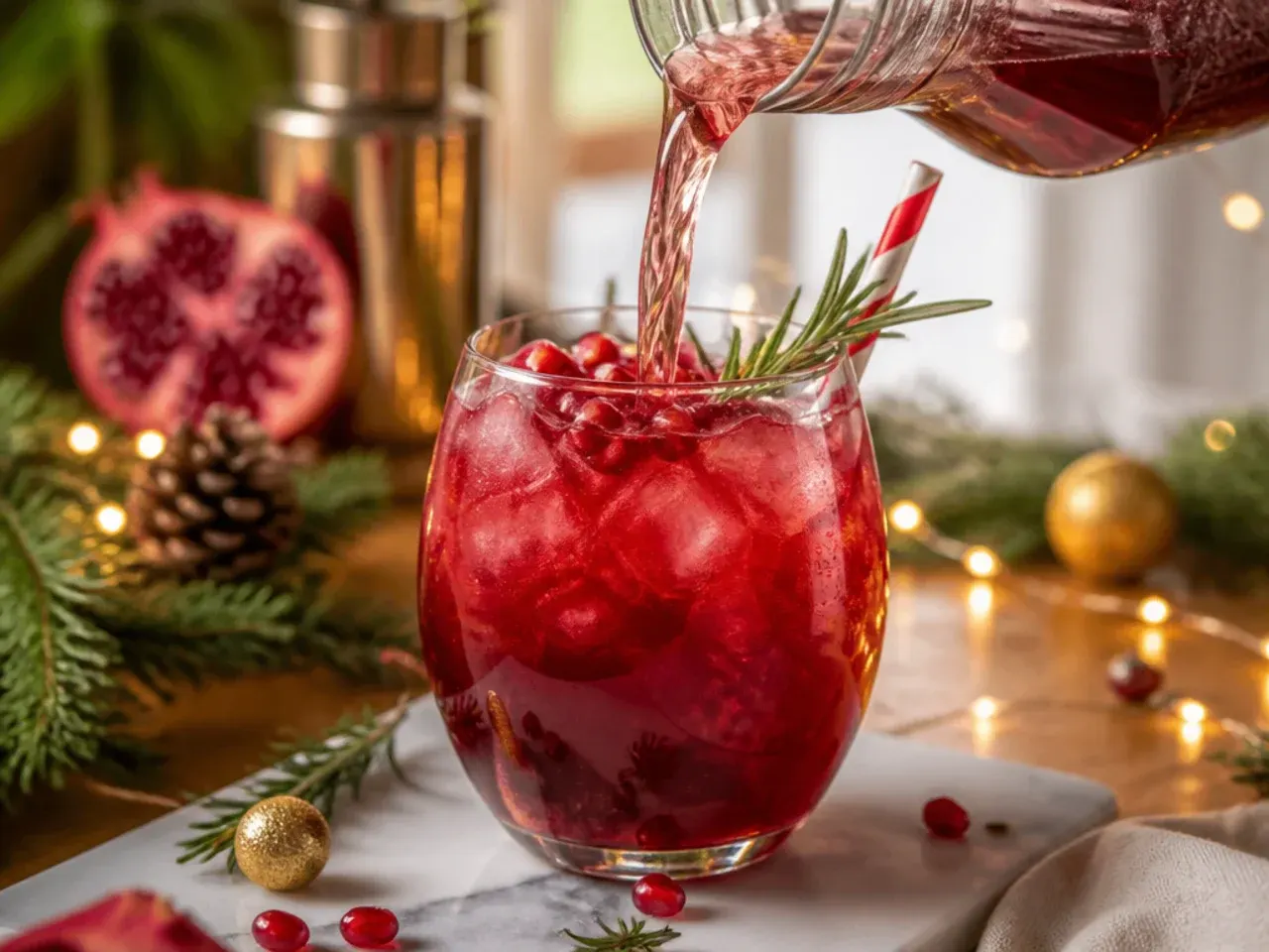 Pomegranate Prosecco punch in a glass bowl with a floating ice ring studded with pomegranate seeds