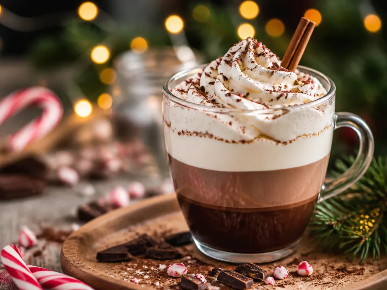 Layered peppermint mocha in a clear glass mug showing distinct chocolate, coffee and cream layers