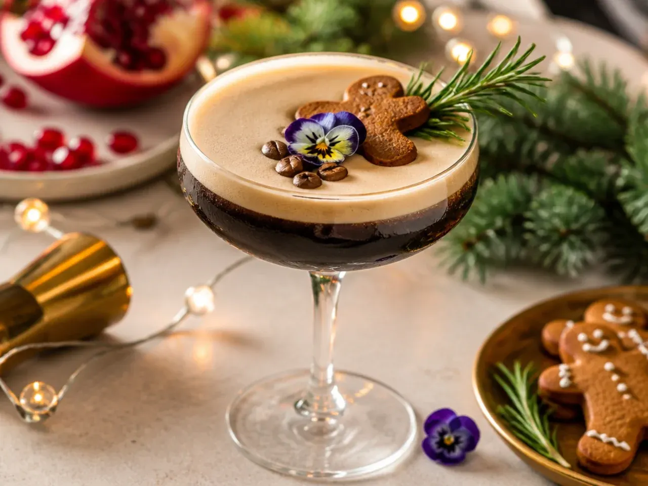 Espresso gingerbread martini in a chilled coupe glass with foam and three coffee beans on top
