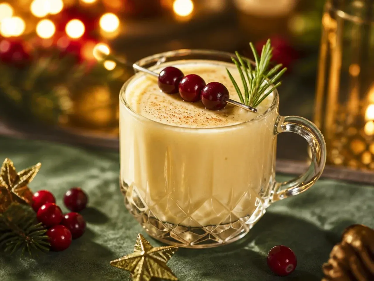 Bourbon eggnog flip in a rocks glass over a large ice cube, dusted with nutmeg