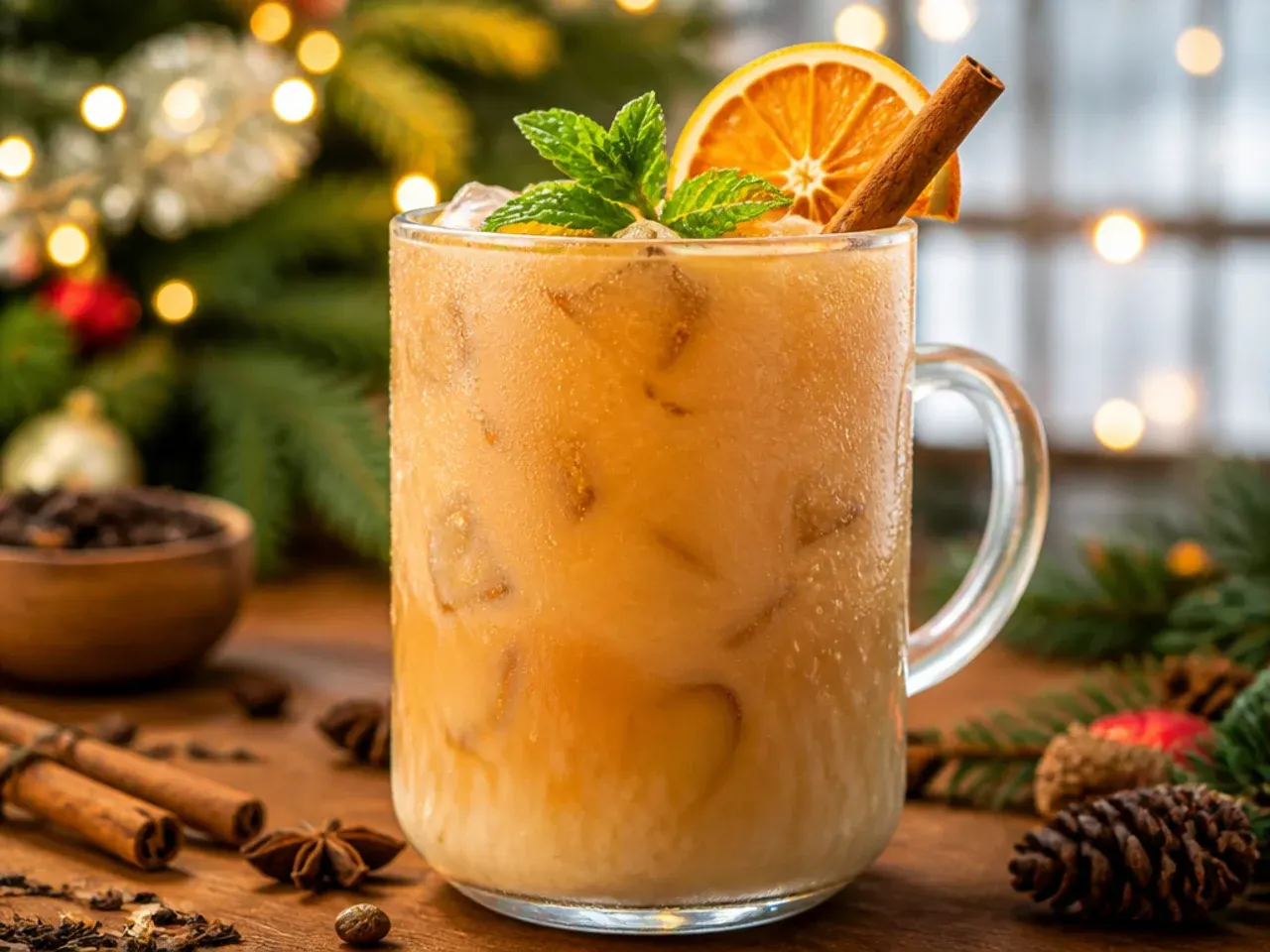 Iced vanilla chai latte in a glass with visible milk swirl and ice