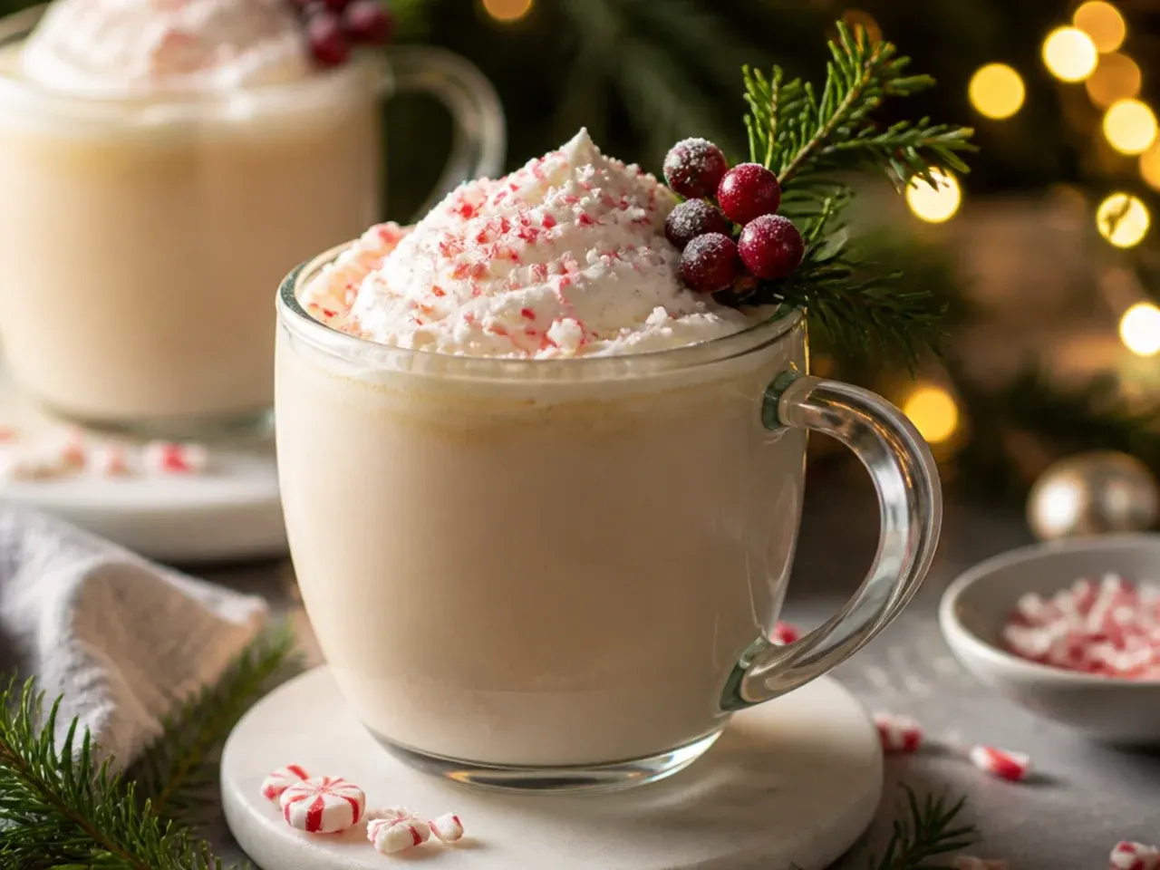 Peppermint white mocha in a glass mug with white chocolate drizzle and crushed candy cane on top