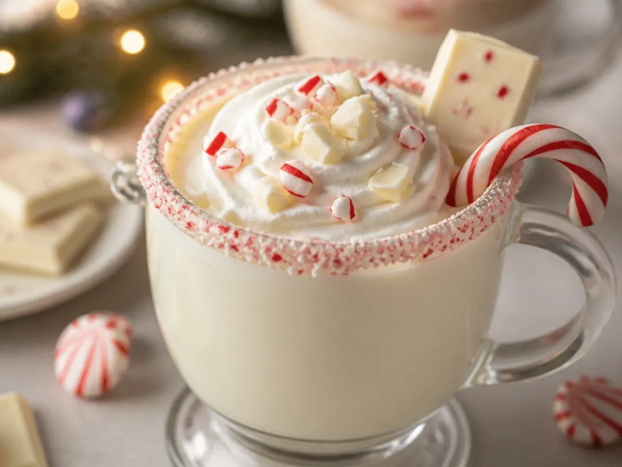 Creamy white hot chocolate in a mug topped with whipped cream and crushed peppermint