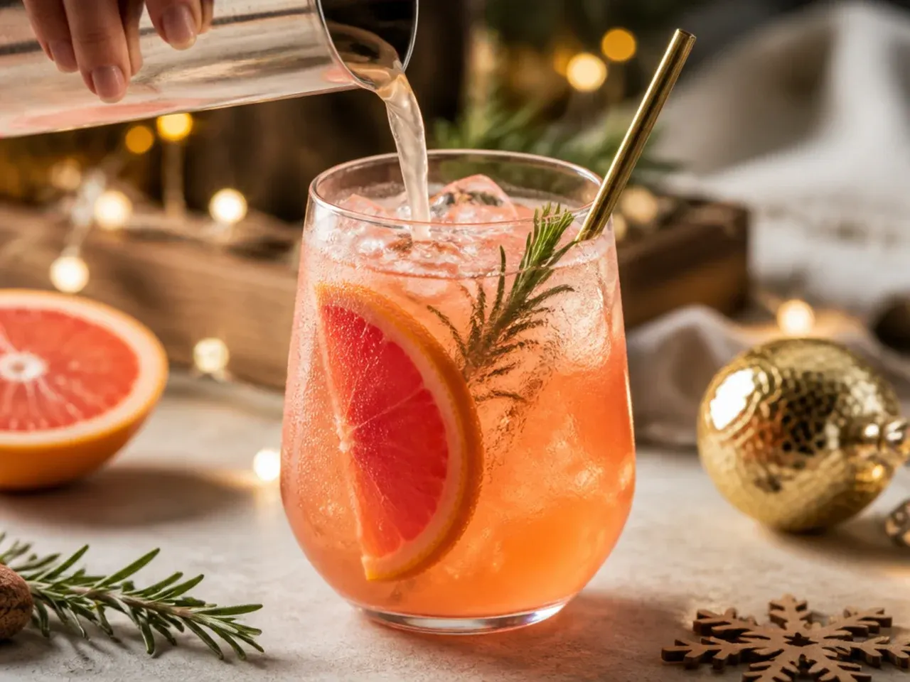 Rosemary grapefruit spritz in a wine glass garnished with a rosemary sprig and grapefruit twist