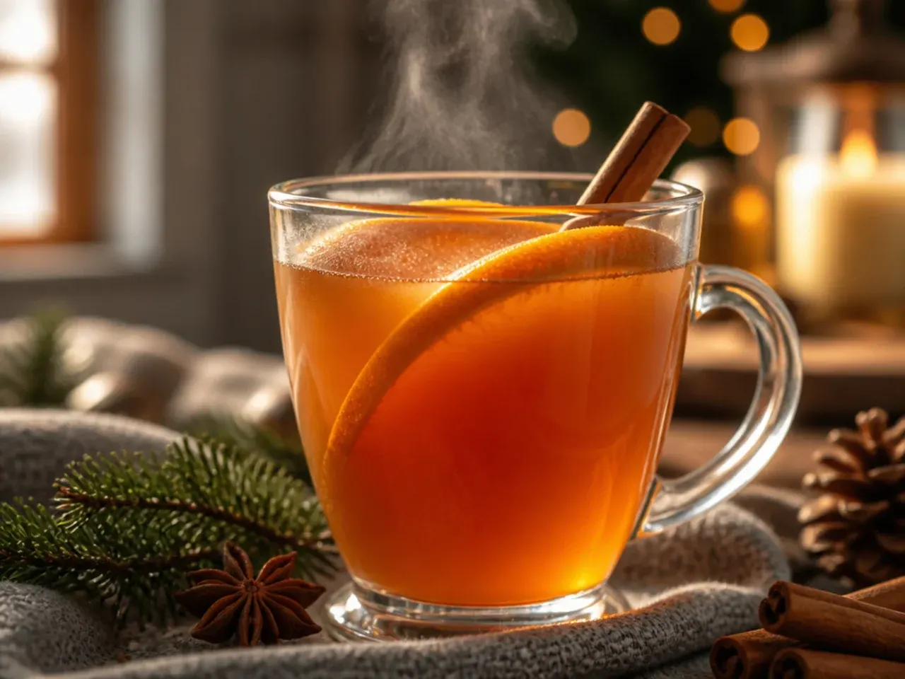 Mulled cider in a glass mug with a cinnamon stick stirrer and floating orange slice