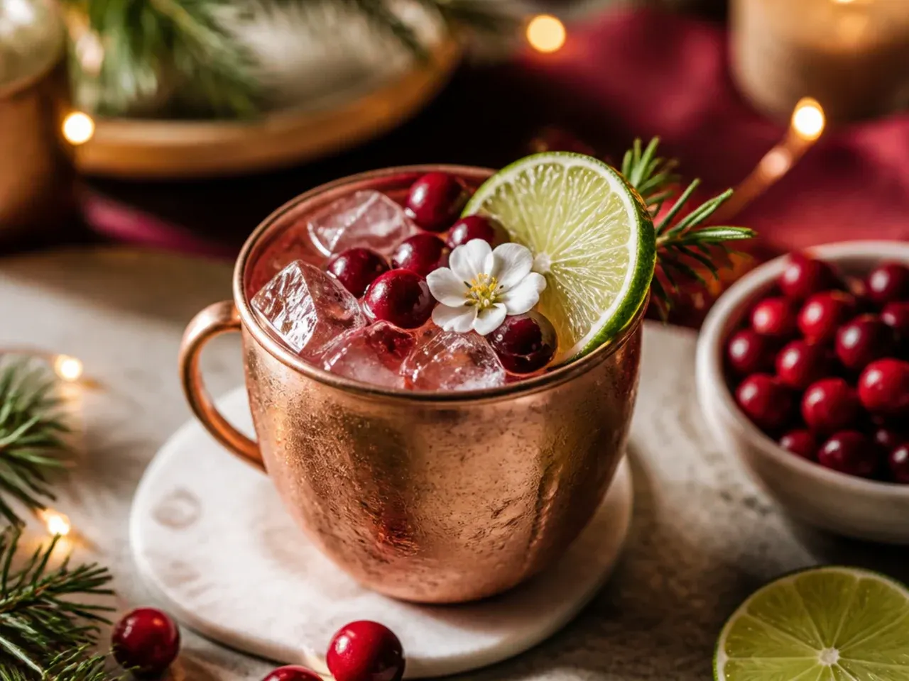 Cranberry mule in a copper mug with a lime wheel and skewered cranberries
