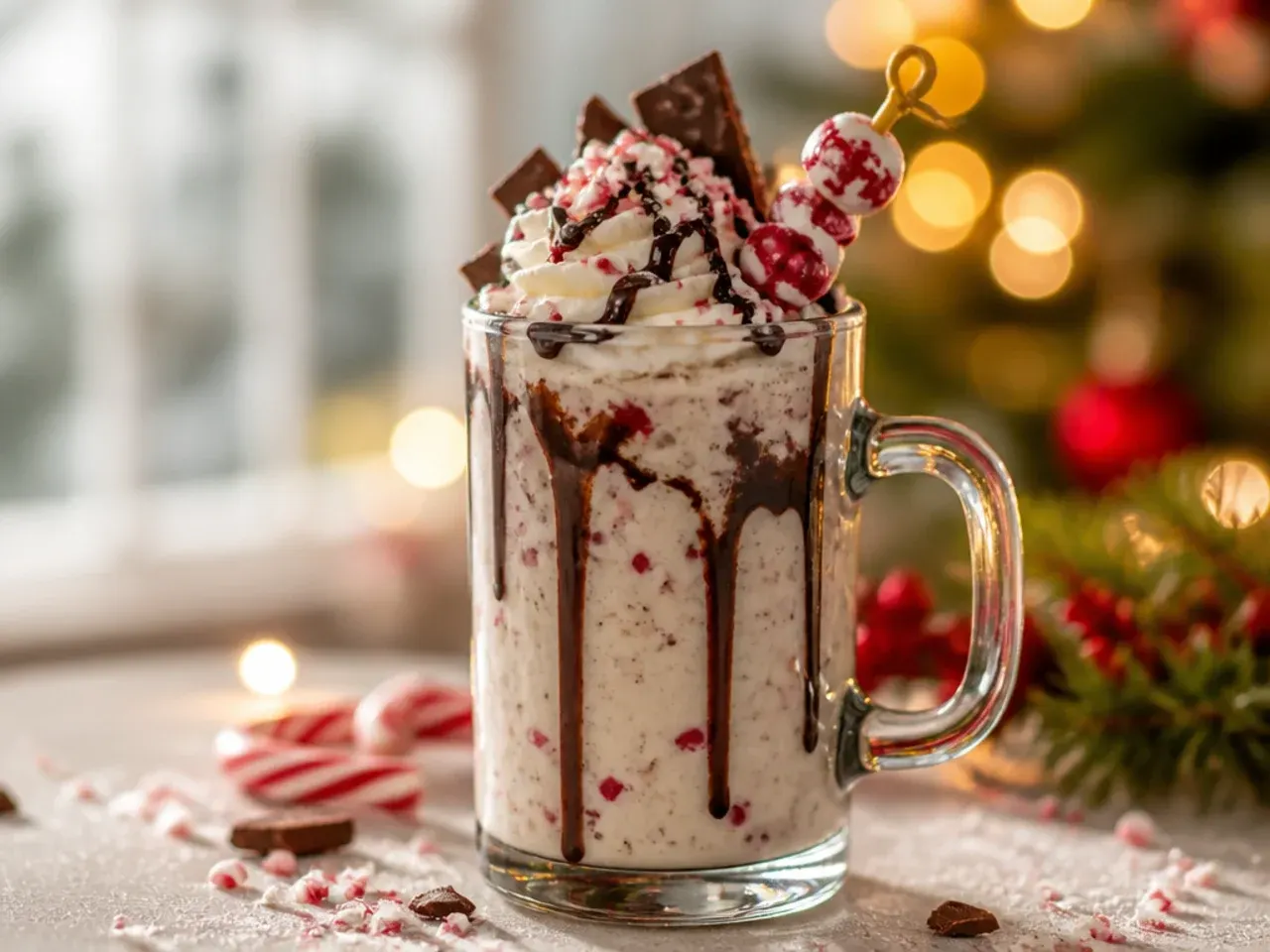 Peppermint bark milkshake in a tall glass with a candy cane rim and whipped cream topping