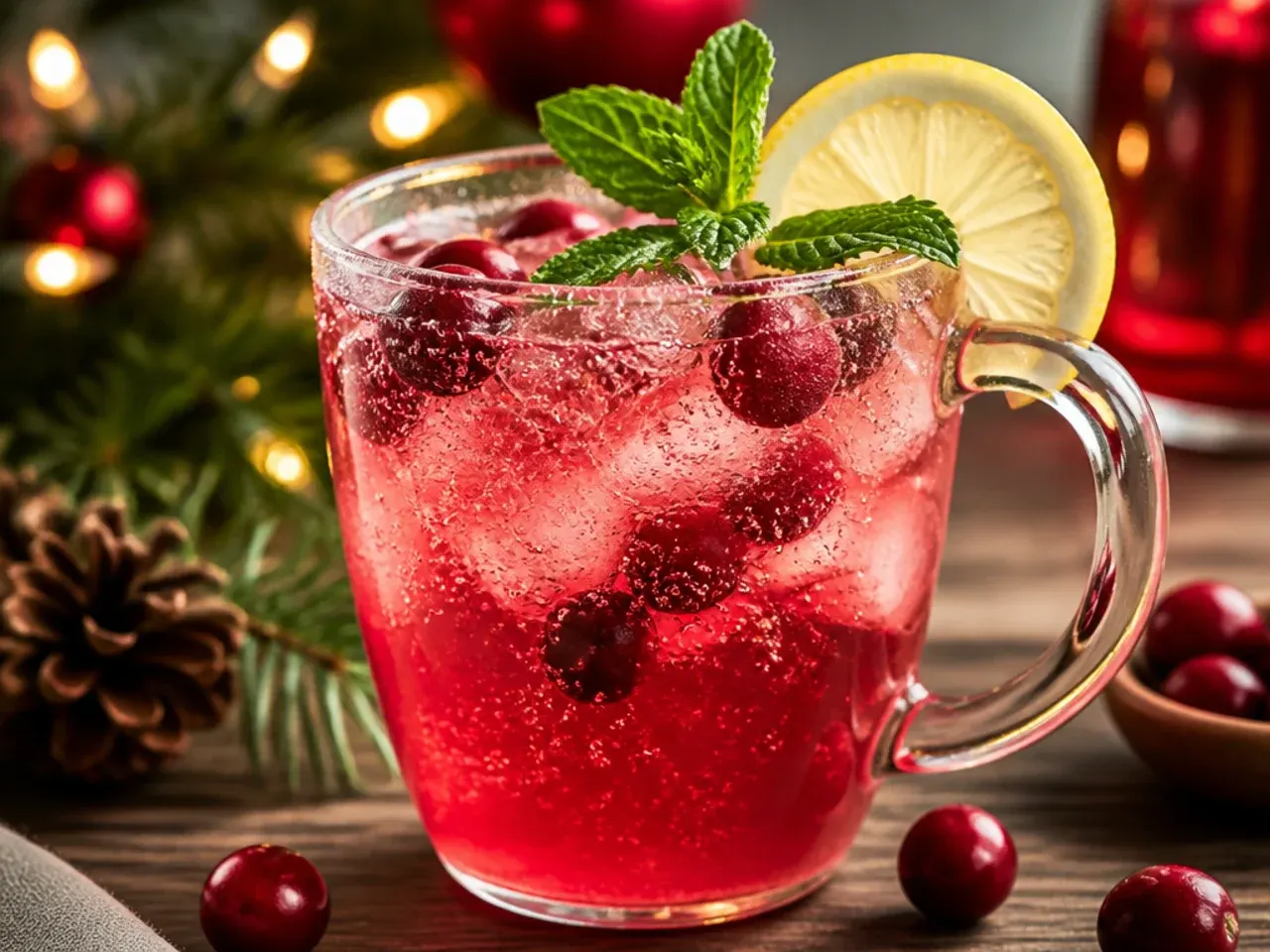 Sparkling cranberry lemonade in a glass with a lemon wheel and fresh cranberries