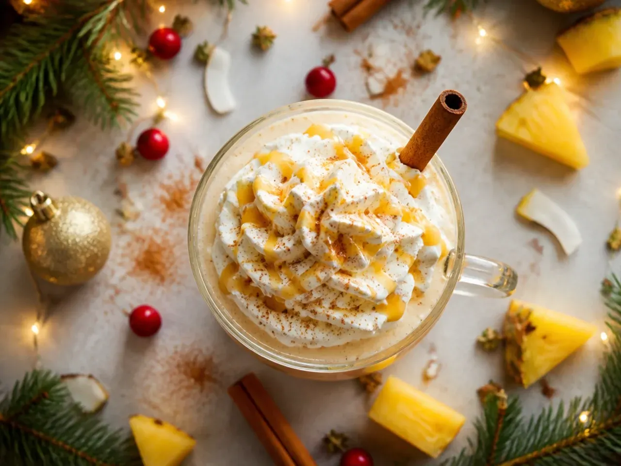 Eggnog colada in a hurricane glass with a pineapple wedge garnish and nutmeg dusting